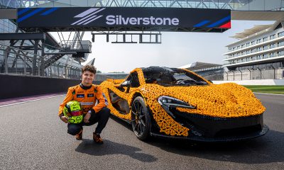 Lando Norris drives a life-size LEGO Technic McLaren P1 around Silverstone