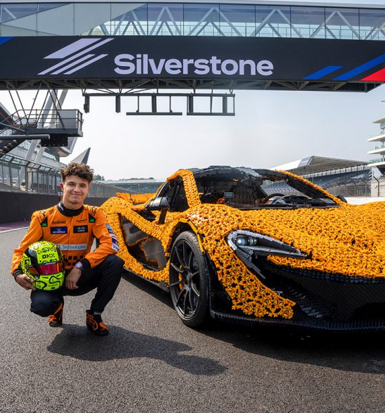 Lando Norris drives a life-size LEGO Technic McLaren P1 around Silverstone